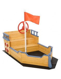 Outsunny Kids Wooden Sandpit Pirate Ship with Bench Bottom Liner