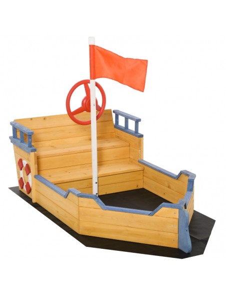 Outsunny Kids Wooden Sandpit Pirate Ship with Bench Bottom Liner - pic 9174 | FastDaddyshop