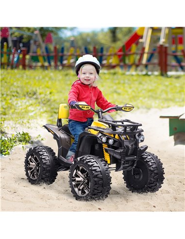 HOMCOM 12V Quad Bike ATV with LED Lights, Music, Backrest, Forward, Backward, Yellow 370-170V70YL