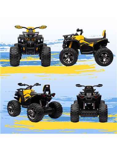 HOMCOM 12V Quad Bike ATV with LED Lights, Music, Backrest, Forward, Backward, Yellow 370-170V70YL