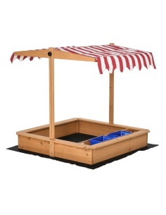 Outsunny Kids Wooden Sandbox with Adjustable Height Cover, Bottom Liner, Seat, Plastic Basins