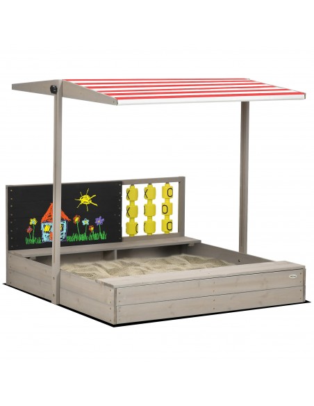 Outsunny Kids Wooden Sandpit, Sandbox with Canopy & Seats, for Gardens - Grey - pic 9180 | FastDaddyshop