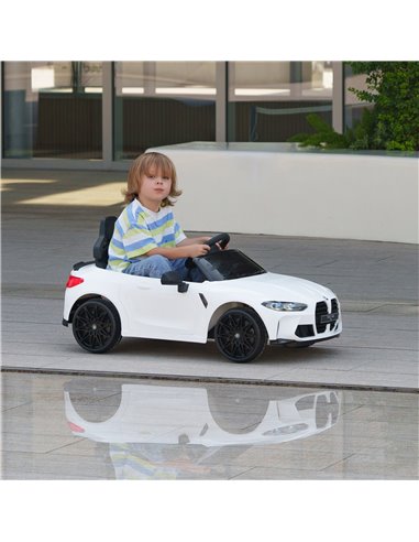 AIYAPLAY 12V BMW M4 Licensed Kids Car with Easy Transport, Remote Control, Suspension, Music, Horn, LED Lights - White 370-311V7