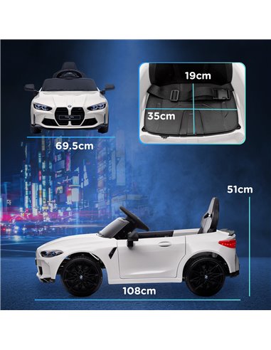 AIYAPLAY 12V BMW M4 Licensed Kids Car with Easy Transport, Remote Control, Suspension, Music, Horn, LED Lights - White 370-311V7