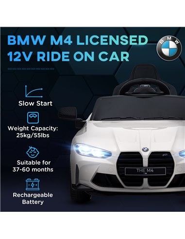 AIYAPLAY 12V BMW M4 Licensed Kids Car with Easy Transport, Remote Control, Suspension, Music, Horn, LED Lights - White 370-311V7