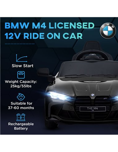 AIYAPLAY 12V BMW M4 Licensed Kids Car with Easy Transport, Remote Control, Suspension, Music, Horn, LED Lights - Black 370-311V7