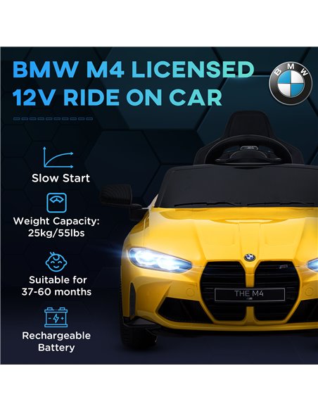 AIYAPLAY 12V BMW M4 Licensed Kids Car with Easy Transport, Remote Control, Suspension, Music, Horn, LED Lights - Yellow 370-311V - pic 91868 | FastDaddyshop