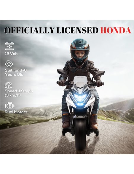 AIYAPLAY 12V Honda Licensed Kids Electric Motorbike w/ Music, Headlights, Early Education Function, for 3-6 Years - White 370-31 - pic 91886 | FastDaddyshop