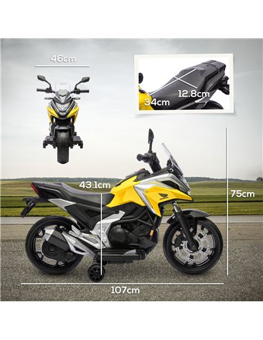 AIYAPLAY 12V Honda Licensed Kids Electric Motorbike w/ Music, Headlights, Early Education Function, for 3-6 Years - Yellow 370-3