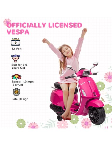 AIYAPLAY 12V Vespa Licensed Kids Electric Motorbike w/ Music, Headlights, FM Radio, for 3-6 Years - Pink 370-320V71PK