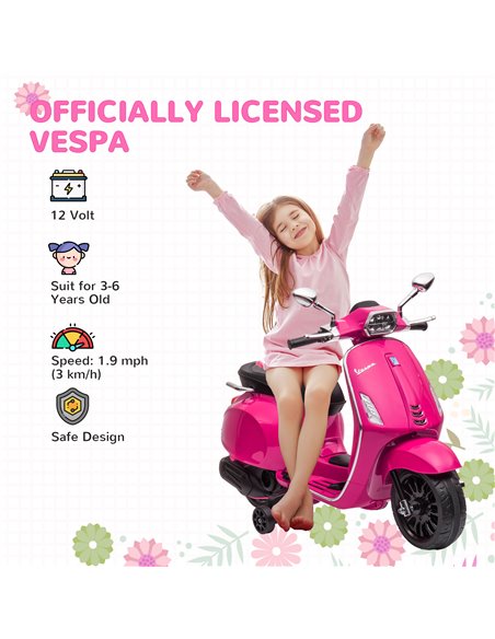 AIYAPLAY 12V Vespa Licensed Kids Electric Motorbike w/ Music, Headlights, FM Radio, for 3-6 Years - Pink 370-320V71PK - pic 91904 | FastDaddyshop
