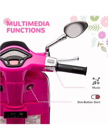 AIYAPLAY 12V Vespa Licensed Kids Electric Motorbike w/ Music, Headlights, FM Radio, for 3-6 Years - Pink 370-320V71PK