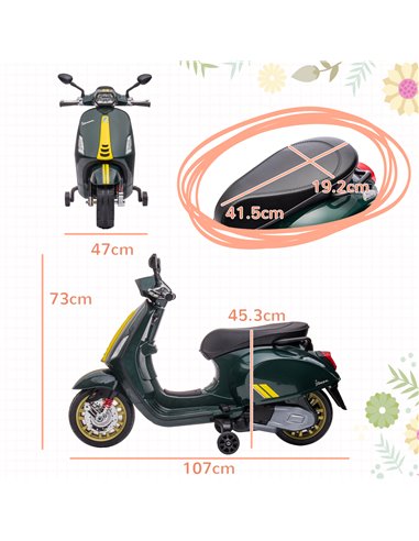AIYAPLAY 12V Vespa Licensed Kids Electric Motorbike w/ Music, Headlights, FM Radio, for 3-6 Years - Green 370-320V71DG