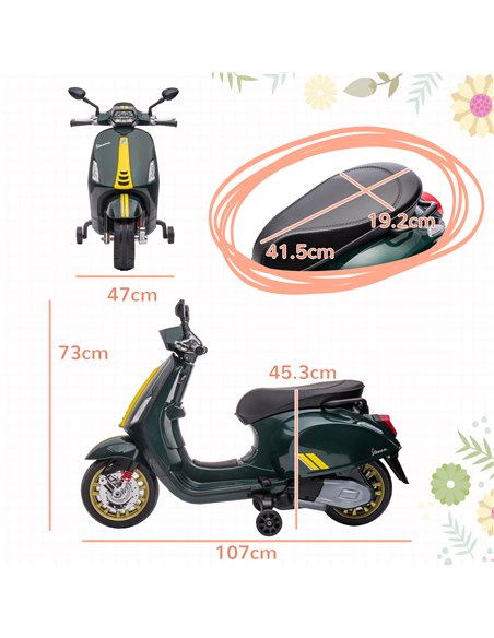 AIYAPLAY 12V Vespa Licensed Kids Electric Motorbike w/ Music, Headlights, FM Radio, for 3-6 Years - Green 370-320V71DG - pic 91912 | FastDaddyshop