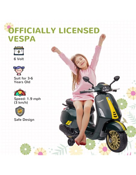 AIYAPLAY 12V Vespa Licensed Kids Electric Motorbike w/ Music, Headlights, FM Radio, for 3-6 Years - Green 370-320V71DG - pic 91913 | FastDaddyshop