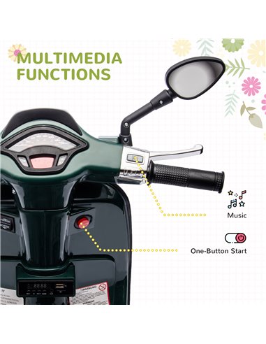 AIYAPLAY 12V Vespa Licensed Kids Electric Motorbike w/ Music, Headlights, FM Radio, for 3-6 Years - Green 370-320V71DG