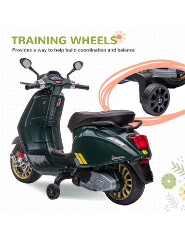 AIYAPLAY 12V Vespa Licensed Kids Electric Motorbike w/ Music, Headlights, FM Radio, for 3-6 Years - Green 370-320V71DG