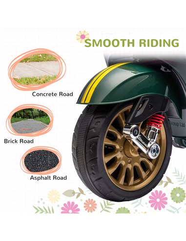 AIYAPLAY 12V Vespa Licensed Kids Electric Motorbike w/ Music, Headlights, FM Radio, for 3-6 Years - Green 370-320V71DG