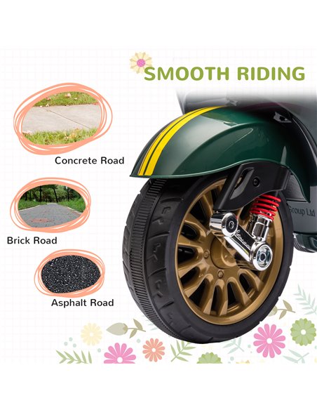 AIYAPLAY 12V Vespa Licensed Kids Electric Motorbike w/ Music, Headlights, FM Radio, for 3-6 Years - Green 370-320V71DG - pic 91916 | FastDaddyshop