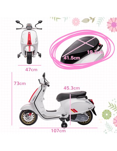 AIYAPLAY 12V Vespa Licensed Kids Electric Motorbike w/ Music, Headlights, FM Radio, for 3-6 Years - White 370-320V71WT