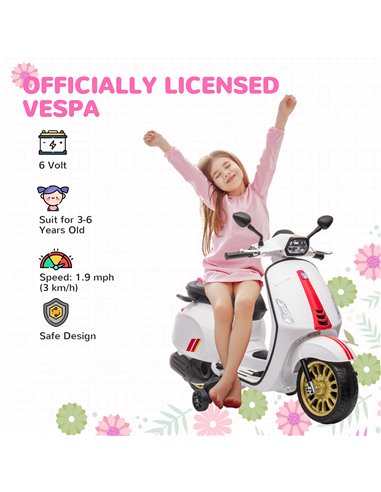 AIYAPLAY 12V Vespa Licensed Kids Electric Motorbike w/ Music, Headlights, FM Radio, for 3-6 Years - White 370-320V71WT