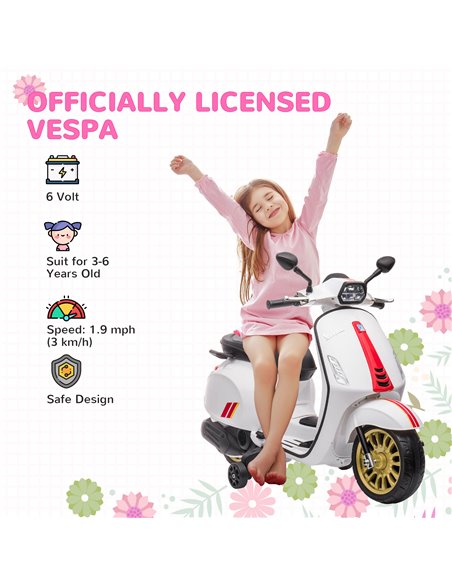 AIYAPLAY 12V Vespa Licensed Kids Electric Motorbike w/ Music, Headlights, FM Radio, for 3-6 Years - White 370-320V71WT - pic 91922 | FastDaddyshop