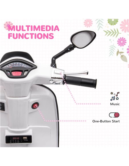 AIYAPLAY 12V Vespa Licensed Kids Electric Motorbike w/ Music, Headlights, FM Radio, for 3-6 Years - White 370-320V71WT - pic 91923 | FastDaddyshop