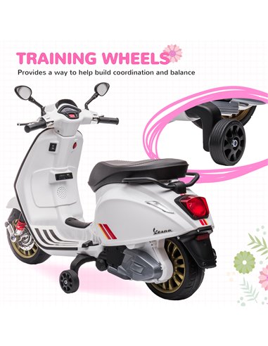 AIYAPLAY 12V Vespa Licensed Kids Electric Motorbike w/ Music, Headlights, FM Radio, for 3-6 Years - White 370-320V71WT