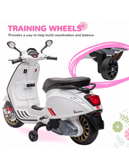AIYAPLAY 12V Vespa Licensed Kids Electric Motorbike w/ Music, Headlights, FM Radio, for 3-6 Years - White 370-320V71WT - pic 91924 | FastDaddyshop