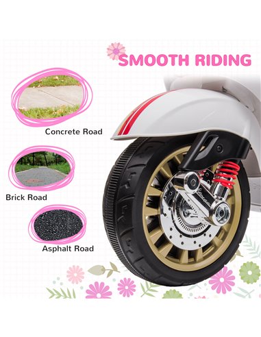 AIYAPLAY 12V Vespa Licensed Kids Electric Motorbike w/ Music, Headlights, FM Radio, for 3-6 Years - White 370-320V71WT