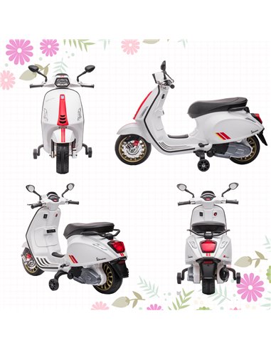 AIYAPLAY 12V Vespa Licensed Kids Electric Motorbike w/ Music, Headlights, FM Radio, for 3-6 Years - White 370-320V71WT