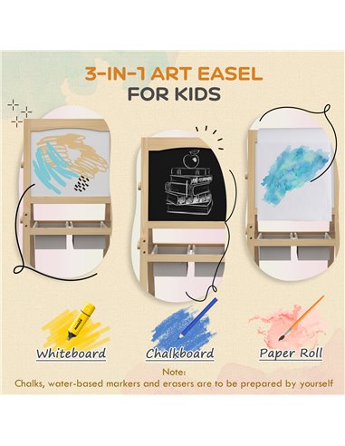 AIYAPLAY Kids Easel with Paper Roll, 3 in 1 Art Easel for Toddlers, Double-Sided Kids Whiteboard Blackboard w/ Storage Baskets, 