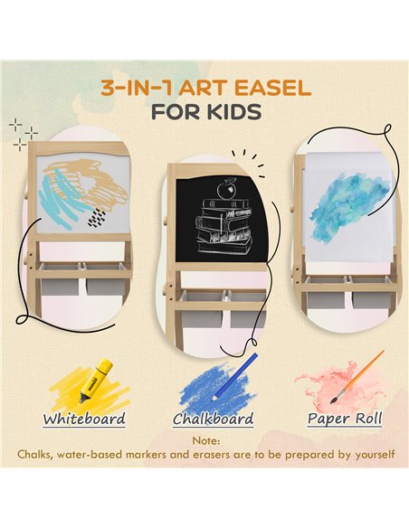 AIYAPLAY Kids Easel with Paper Roll, 3 in 1 Art Easel for Toddlers, Double-Sided Kids Whiteboard Blackboard w/ Storage Baskets,  - pic 91958 | FastDaddyshop