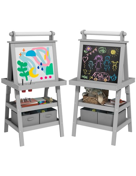 AIYAPLAY 3 in 1 Kids Easel Double-Sided Magnetic Whiteboard and Chalkboard with Paper Roll, Storage Baskets - Grey 3B0-012V80GY - pic 91964 | FastDaddyshop