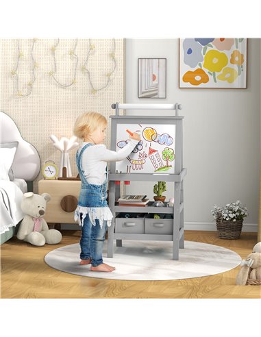 AIYAPLAY 3 in 1 Kids Easel Double-Sided Magnetic Whiteboard and Chalkboard with Paper Roll, Storage Baskets - Grey 3B0-012V80GY