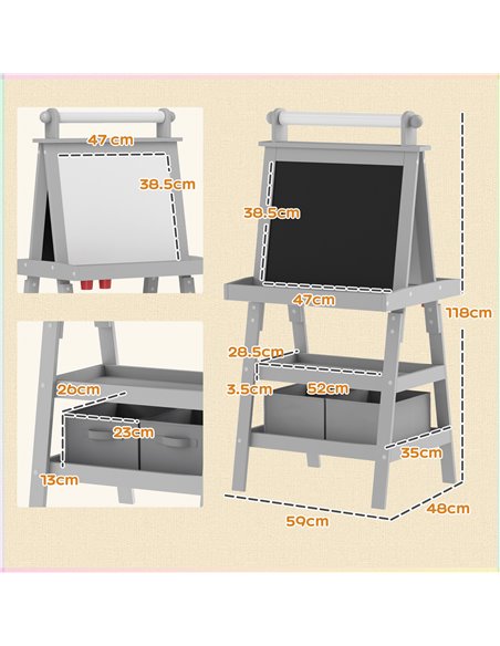 AIYAPLAY 3 in 1 Kids Easel Double-Sided Magnetic Whiteboard and Chalkboard with Paper Roll, Storage Baskets - Grey 3B0-012V80GY - pic 91966 | FastDaddyshop