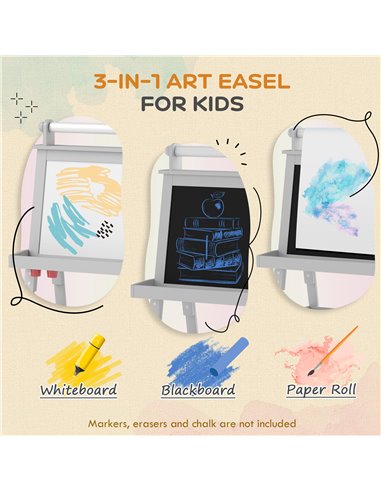 AIYAPLAY 3 in 1 Kids Easel Double-Sided Magnetic Whiteboard and Chalkboard with Paper Roll, Storage Baskets - Grey 3B0-012V80GY