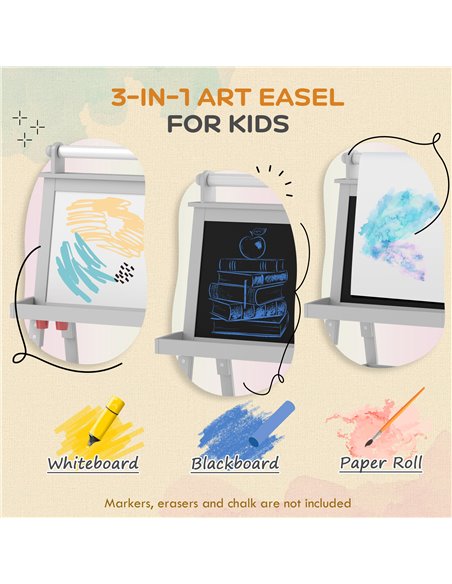 AIYAPLAY 3 in 1 Kids Easel Double-Sided Magnetic Whiteboard and Chalkboard with Paper Roll, Storage Baskets - Grey 3B0-012V80GY - pic 91967 | FastDaddyshop