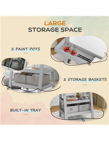 AIYAPLAY 3 in 1 Kids Easel Double-Sided Magnetic Whiteboard and Chalkboard with Paper Roll, Storage Baskets - Grey 3B0-012V80GY