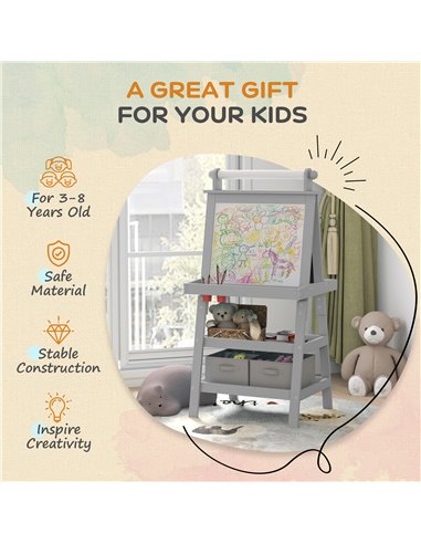 AIYAPLAY 3 in 1 Kids Easel Double-Sided Magnetic Whiteboard and Chalkboard with Paper Roll, Storage Baskets - Grey 3B0-012V80GY