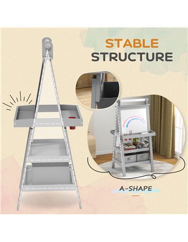 AIYAPLAY 3 in 1 Kids Easel Double-Sided Magnetic Whiteboard and Chalkboard with Paper Roll, Storage Baskets - Grey 3B0-012V80GY