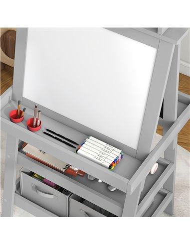 AIYAPLAY 3 in 1 Kids Easel Double-Sided Magnetic Whiteboard and Chalkboard with Paper Roll, Storage Baskets - Grey 3B0-012V80GY