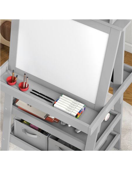 AIYAPLAY 3 in 1 Kids Easel Double-Sided Magnetic Whiteboard and Chalkboard with Paper Roll, Storage Baskets - Grey 3B0-012V80GY - pic 91971 | FastDaddyshop