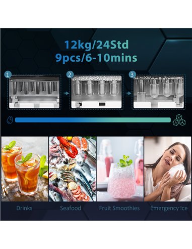 HOMCOM Ice Maker Machine and Water Dispenser, Counter Top Ice Cube Maker w/ 3L Tank, Adjustable Cube Size, 9 Ice Cubes per 6-10 