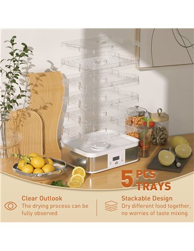HOMCOM Food Dehydrator 5 Tier Dehydrator Machine, 245W Stainless Steel Food Dryer Machine w/ Adjustable Temperature, Timer & LCD