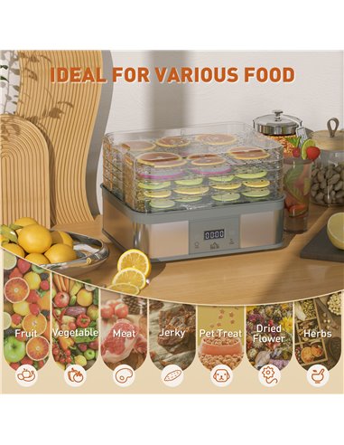 HOMCOM Food Dehydrator 5 Tier Dehydrator Machine, 245W Stainless Steel Food Dryer Machine w/ Adjustable Temperature, Timer & LCD