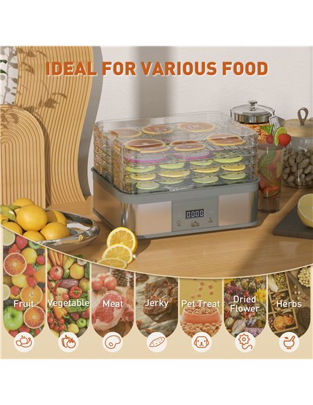 HOMCOM Food Dehydrator 5 Tier Dehydrator Machine, 245W Stainless Steel Food Dryer Machine w/ Adjustable Temperature, Timer & LCD - pic 92093 | FastDaddyshop