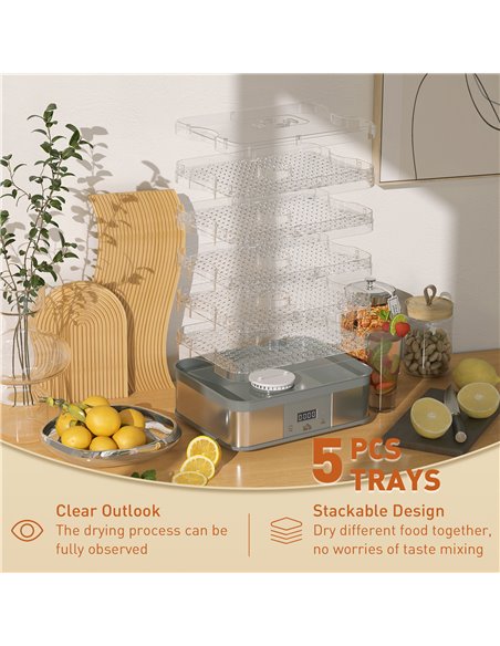 HOMCOM Food Dehydrator 5 Tier Dehydrator Machine, 245W Stainless Steel Food Dryer Machine w/ Adjustable Temperature, Timer & LCD - pic 92094 | FastDaddyshop