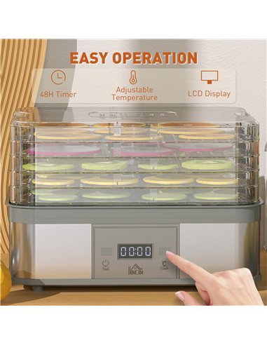 HOMCOM Food Dehydrator 5 Tier Dehydrator Machine, 245W Stainless Steel Food Dryer Machine w/ Adjustable Temperature, Timer & LCD