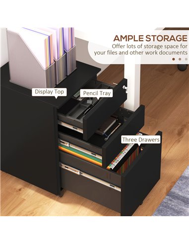 Vinsetto 3-Drawer Vertical Filing Cabinet w/ Lock & Pencil Tray, Steel Mobile File Cabinet w/ Adjustable Hanging Bar for A4, Leg